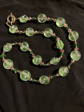 Green Floral Lampwork Glass Bead Necklace with Pink Accents